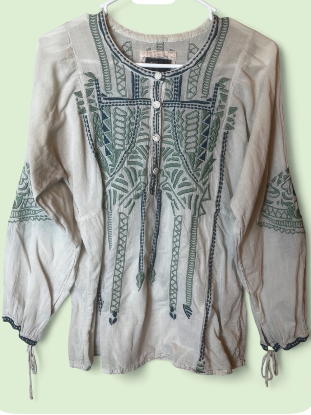 Biya Johnny Was Cotton Sage and Blue Embroidered Drapey Boho Top Size XS